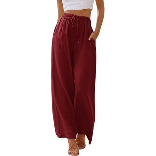 Lawawa Leinenhose Damen Hosen Sommer Leinen Baumwolle Stoffhose Einfarbig Freizeithose Stoffhose Weite Beine Sommerhose mit Tunnelzug und Taschen von Lawawa