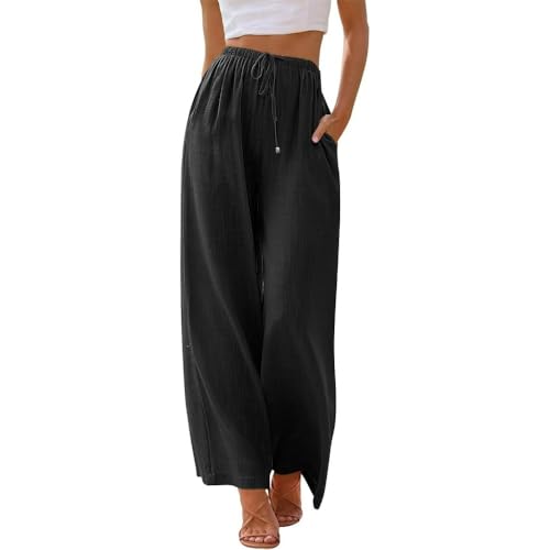 Lawawa Leinenhose Damen Hosen Sommer Leinen Baumwolle Stoffhose Einfarbig Freizeithose Stoffhose Weite Beine Sommerhose mit Tunnelzug und Taschen von Lawawa