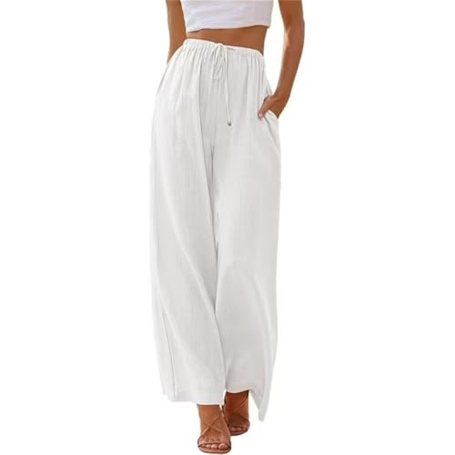 Lawawa Leinenhose Damen Hosen Sommer Leinen Baumwolle Stoffhose Einfarbig Freizeithose Stoffhose Weite Beine Sommerhose mit Tunnelzug und Taschen von Lawawa