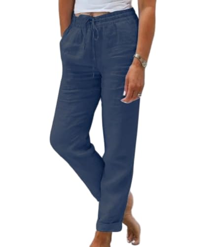 Lawawa Leinenhose Damen Länge Leichte Sommerhose Casual Leinen Freizeithose Gerade Stoffhose Einfarbig Jogginghose Elegant Leicht Baumwolle Leinen Hose von Lawawa