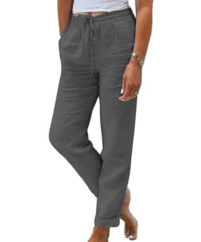 Lawawa Leinenhose Damen Länge Leichte Sommerhose Casual Leinen Freizeithose Gerade Stoffhose Einfarbig Jogginghose Elegant Leicht Baumwolle Leinen Hose von Lawawa