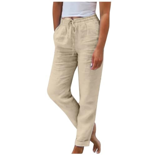 Lawawa Leinenhose Damen Länge Leichte Sommerhose Casual Leinen Freizeithose Gerade Stoffhose Einfarbig Jogginghose Elegant Leicht Baumwolle Leinen Hose von Lawawa