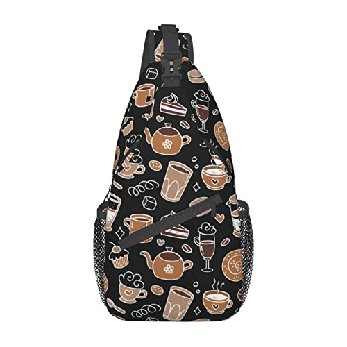 Cartoon Kaffee Muster Sling Bag Wandern Daypack Crossbody Schulter Rucksack Reise Brusttasche für Männer Frauen von Lawenp