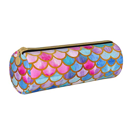 Federmäppchen aus Leder, zylindrisch, Aquarell-Fischschuppen, tragbar, Büromaterial, Stiftebeutel, Schulbedarf von Lawenp