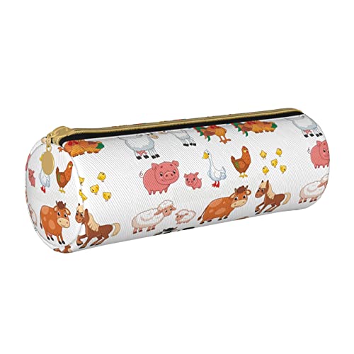 Federmäppchen aus Leder, zylindrisch, Bauernhoftiere, tragbar, Büromaterial, Stifteetui, Schulbedarf von Lawenp