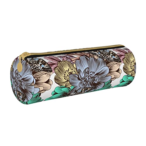 Federmäppchen aus Leder, zylindrisch, Blumen- und Schmetterlingsmuster, tragbar, Büromaterial, Stiftebeutel, Schulbedarf von Lawenp