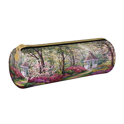 Federmäppchen aus Leder, zylindrisch, Blumengartenmuster, tragbar, Bleistift-Aufbewahrungstasche, Schreibwarenbox, Schulbedarf von Lawenp