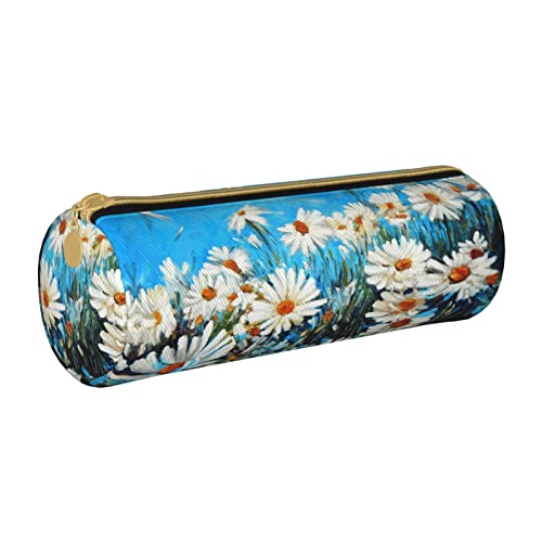 Federmäppchen aus Leder, zylindrisch, Gänseblümchen-Blumenmuster, tragbar, Büromaterial, Stiftebeutel, Schulbedarf von Lawenp