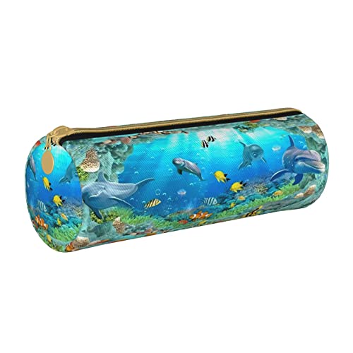 Federmäppchen aus Leder, zylindrisch, Marine-Lebensmuster, tragbar, Büromaterial, Stiftebeutel, Schulbedarf von Lawenp