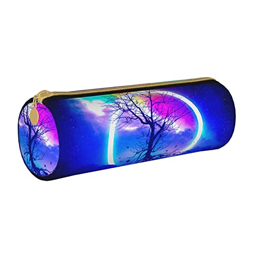 Federmäppchen aus Leder, zylindrisch, Mondbaum, Landschaftsmuster, tragbar, Büromaterial, Stifteetui, Schulbedarf von Lawenp