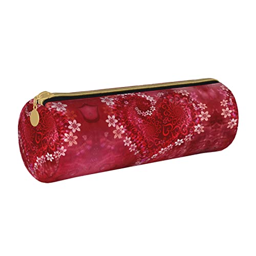 Federmäppchen aus Leder, zylindrisch, Romantisches Herzmuster, tragbar, Büromaterial, Stifteetui, Schulbedarf von Lawenp