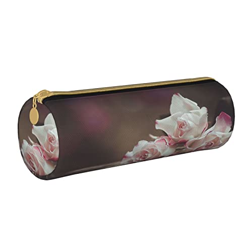 Federmäppchen aus Leder, zylindrisch, Rosa, Rosenmuster, langlebig, Büromaterial, Aufbewahrungsbox, Aufbewahrungsbox von Lawenp