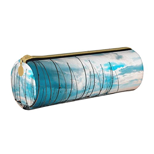 Federmäppchen aus Leder, zylindrisch, Seesegelmuster, tragbar, Bleistift-Aufbewahrungstasche, Federmäppchen, Schulbedarf von Lawenp