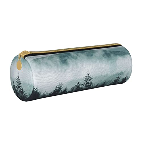 Federmäppchen aus Leder, zylindrisch, Wald mit Bergmuster, tragbarer Büromaterialbeutel, Aufbewahrungsbox für Schreibwaren von Lawenp