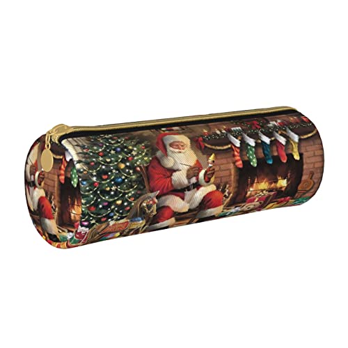 Federmäppchen aus Leder, zylindrisch, Weihnachtsmann-Hausmuster, strapazierfähig, Büromaterial, Federmäppchen, Schulbedarf von Lawenp