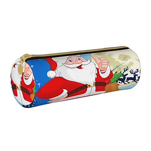 Federmäppchen aus Leder, zylindrisch, Weihnachtsmann-Muster, tragbar, Büromaterial, Stifteetui, Schulbedarf von Lawenp