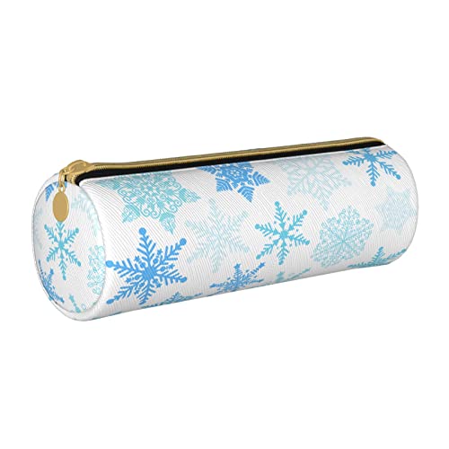Federmäppchen aus Leder, zylindrisch, blaues Schneeflockenmuster, langlebig, Büromaterial, Stiftebeutel, Schulbedarf von Lawenp