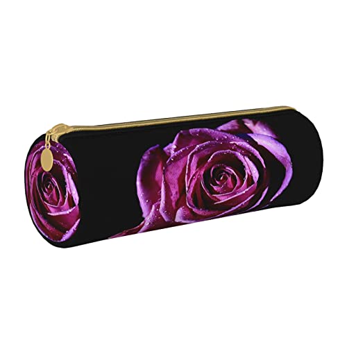 Federmäppchen aus Leder, zylindrisch, mit lila Rosenmuster, Federmäppchen, tragbar, für die College-Schule von Lawenp