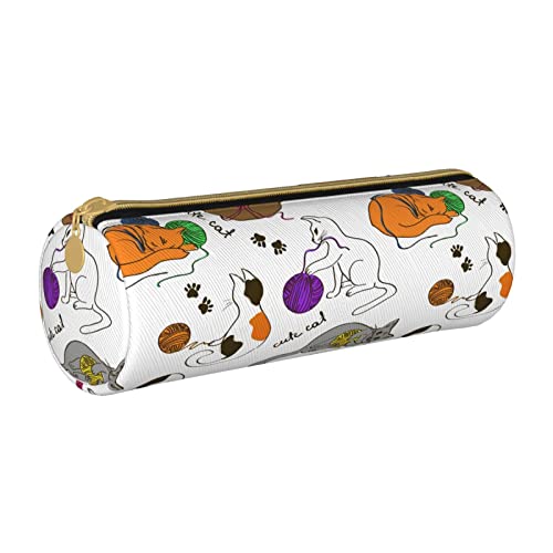 Federmäppchen aus Leder, zylindrisch, mit niedlichem Katzenmuster, Federmäppchen, tragbar, für die College-Schule von Lawenp