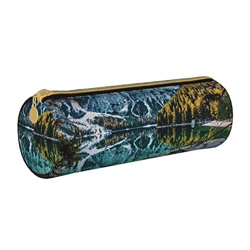 Federmäppchen aus Leder, zylindrisch, schönes Bergreflexionsmuster, tragbar, Büromaterial, Stifteetui, Schulbedarf von Lawenp