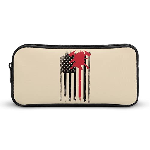 Federmäppchen mit USA-Feuerwehrmann, rote Linie, Flagge, tragbar, großes Fassungsvermögen, Stifttasche, Schreibwaren-Organizer, Make-up-Tasche mit Reißverschluss von Lawenp