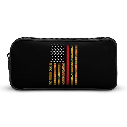 Federmäppchen mit afrikanischer Kente-US-Flagge, dünne rote Linie, tragbar, großes Fassungsvermögen, Stifttasche, Schreibwaren-Organizer, Make-up-Tasche mit Reißverschluss von Lawenp