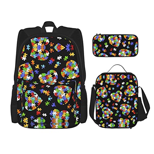 Lawenp Autism Awareness Puzzle Pieces Heart Schoolbag Set of Three Cross Lunch Bag Pencil Bag Set Jungen- und Mädchenschultasche von Lawenp