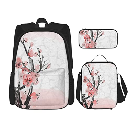 Lawenp Cherry Blossom Tree Branch Schulranzen-Set mit DREI Kreuz-Lunch-Beutel-Bleistift-Beutel-Set Schulranzen für Jungen und Mädchen von Lawenp