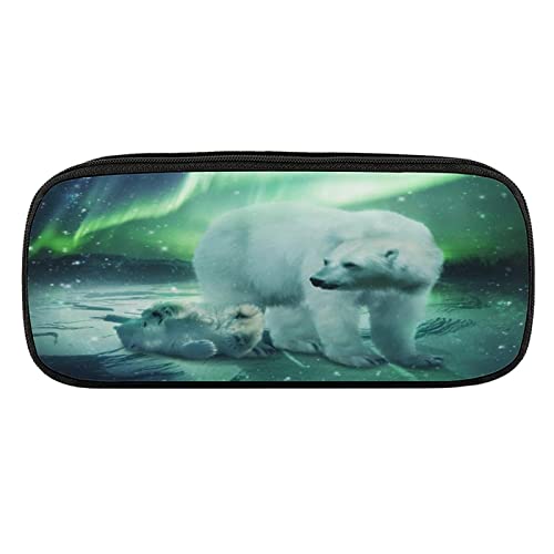 Lawenp Federmäppchen, Motiv: Nordlichter, Eisbär, PU-Leder, tragbare Kosmetik-Organizer-Tasche von Lawenp