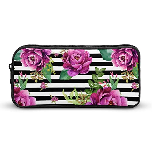 Lawenp Federmäppchen mit rosa Blumen – schwarz-weiß gestreift, niedliches Stiftetui, Kosmetiktasche, Pecil-Box, Organizer für das Reisebüro von Lawenp