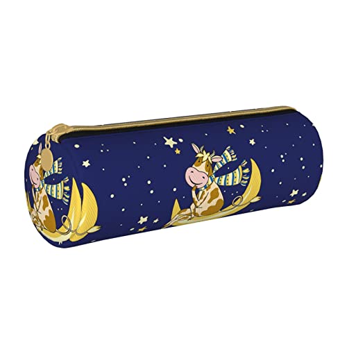 Lawenp Leder Zylindrische Federmäppchen Weihnachten Kuh Muster Tragbare Bleistift Aufbewahrungstasche Schreibwaren Box Schulbedarf von Lawenp