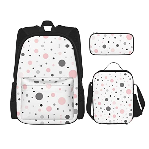 Lawenp Pink Grau Weiß Moderne Polka Dot Pattern Schulranzen Set DREI Kreuz Lunch Bag Pencil Bag Set Jungen und Mädchen Schulranzen von Lawenp
