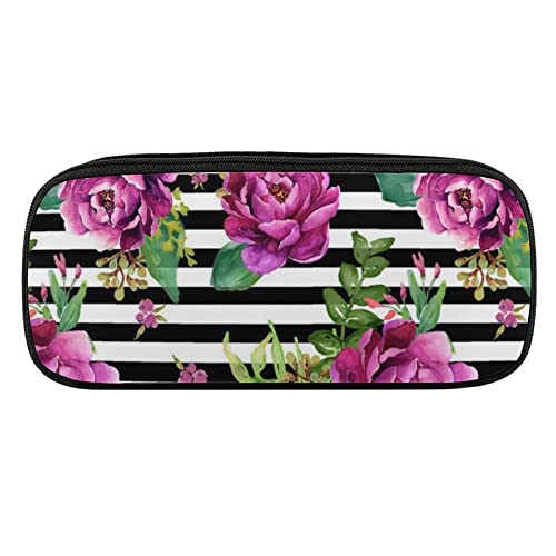 Lawenp Rosa Blumen – schwarz-weiß gestreift, Federmäppchen aus PU-Leder, tragbare Kosmetik-Organizer-Tasche von Lawenp