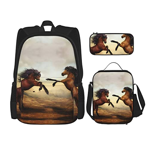 Lawenp Springendes Pferd Schulranzen 3er Set Cross Lunch Bag Pencil Bag Set Schulranzen für Jungen und Mädchen von Lawenp