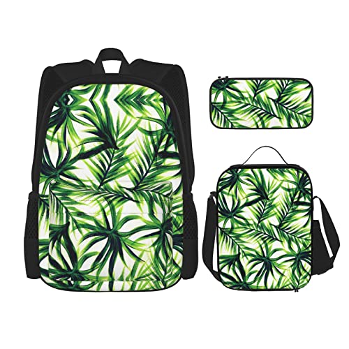 Palm Tree Green Leaves Schulranzen-Set mit DREI Kreuz-Lunch-Bag-Bleistift-Beutel-Set Jungen- und Mädchen-Schulranzen von Lawenp