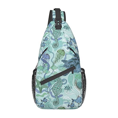 Schildkröte, Seepferdchen, Qualle, Fisch, Umhängetasche, lässige Crossbody-Umhängetasche, Rucksack, Reisebrusttasche für Männer und Frauen von Lawenp