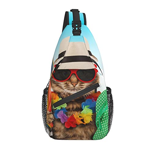 Schultertasche Sommer Strand Lustige Katze Wandern Daypack Crossbody Schulter Rucksack Reise Brusttasche für Männer Frauen von Lawenp