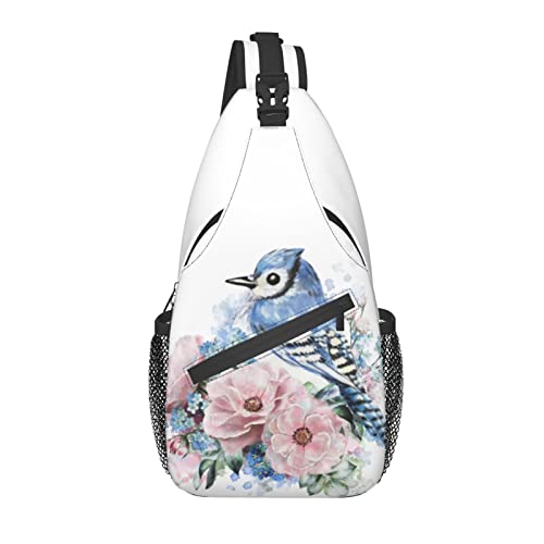 Sling Bag Aquarell Blau Vogel Rose Blume Wandern Daypack Crossbody Schulter Rucksack Reise Brusttasche für Männer Frauen von Lawenp