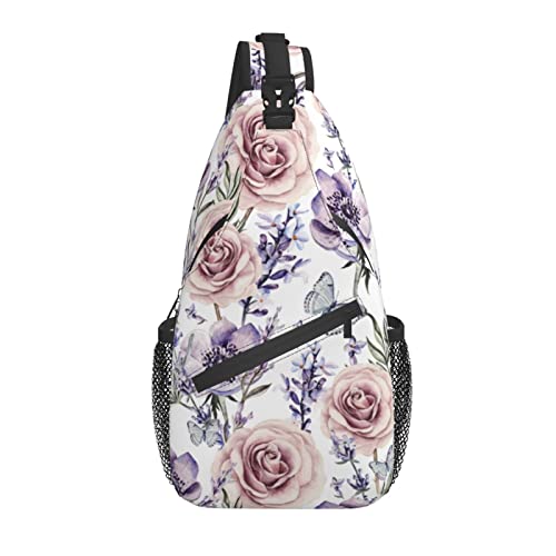 Sling Bag Aquarell Blume Rose Lavendel Wandern Daypack Crossbody Schulter Rucksack Reise Brusttasche für Männer Frauen von Lawenp