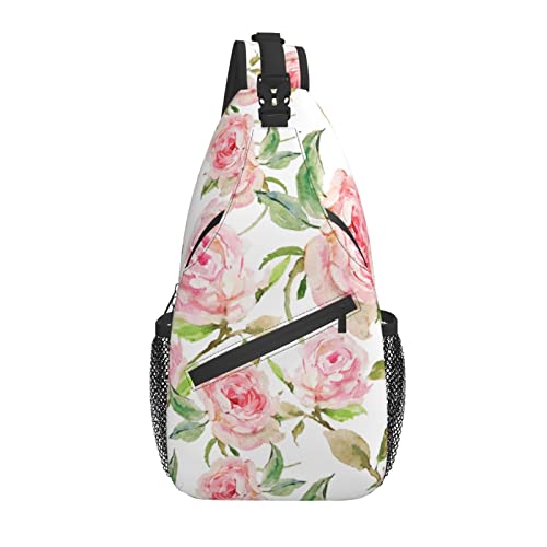 Sling Bag Aquarell Blumen Rose Pink Pastell Wandern Daypack Crossbody Schulter Rucksack Reise Brusttasche für Männer Frauen von Lawenp