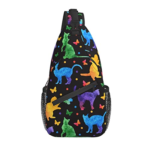 Sling Bag Aquarell Katze Bunte Schmetterling Wandern Daypack Crossbody Schulter Rucksack Reise Brusttasche für Männer Frauen von Lawenp