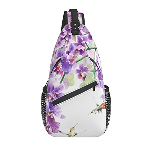 Sling Bag Aquarell Orchidee Blume Kolibri Wandern Daypack Crossbody Schulter Rucksack Reise Brusttasche für Männer Frauen von Lawenp