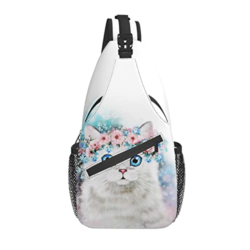 Sling Bag Aquarell Weiß Katze Blume Wandern Daypack Crossbody Schulter Rucksack Reise Brusttasche für Männer Frauen von Lawenp