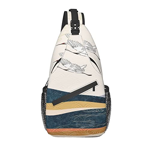 Sling Bag Japanese Art Crane Bird Wave Mountain Hiking Daypack Crossbody Shoulder Backpack Travel Chest Pack for Men Women von Lawenp
