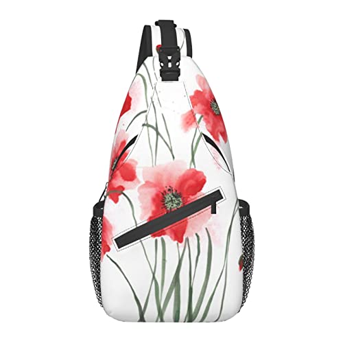 Sling Bag Mohn Aquarell Kunst Blume Wandern Daypack Crossbody Schulter Rucksack Reise Brusttasche für Männer Frauen von Lawenp