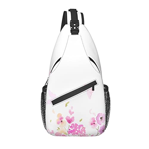 Sling Bag Rosa Blume Feld Schmetterling Frühling Wandern Daypack Crossbody Schulter Rucksack Reise Brusttasche für Männer Frauen von Lawenp