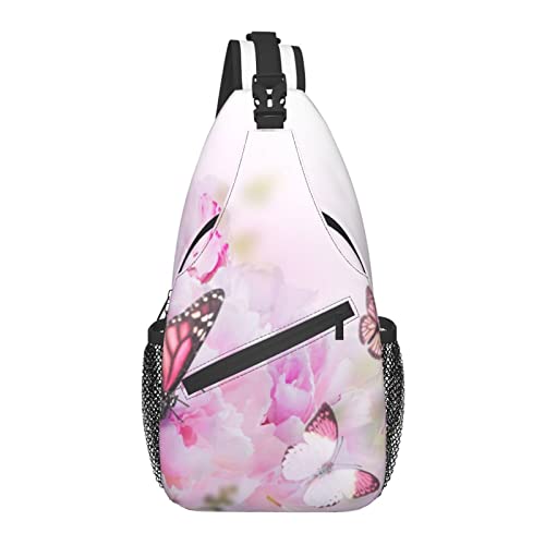 Sling Bag Rosa Rose Blume Schmetterling Frühling Wandern Daypack Crossbody Schulter Rucksack Reise Brusttasche für Männer Frauen von Lawenp