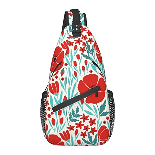 Sling Bag Roter Mohn Blume Blatt Wandern Daypack Crossbody Schulter Rucksack Reise Brusttasche für Männer Frauen von Lawenp