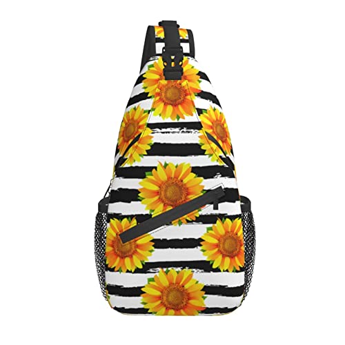 Sling Bag Schwarz Weiß Gestreift Blume Sonnenblume Wandern Daypack Crossbody Schulter Rucksack Reise Brusttasche für Männer Frauen von Lawenp