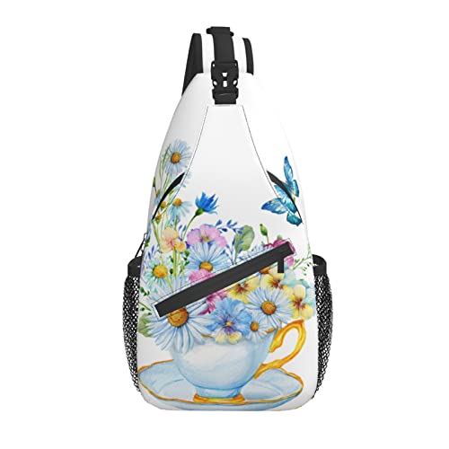 Sling Bag Spring Daisy Flower Butterfly Cup Wandern Daypack Crossbody Schulterrucksack Reise Brusttasche für Männer Frauen von Lawenp